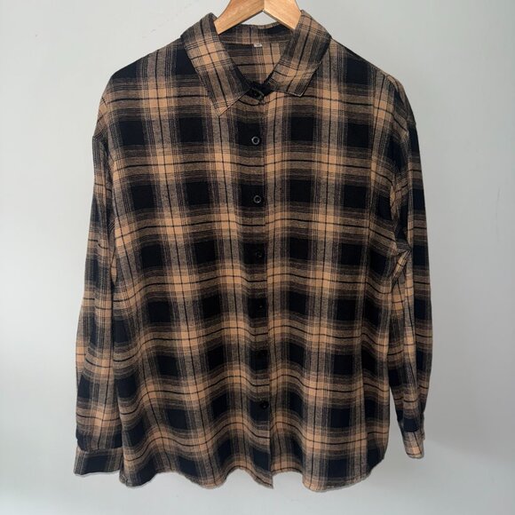 Tan Brown and Black Plaid Flannel Long Sleeve Collared Button Down Casual Shirt - Picture 2 of 5